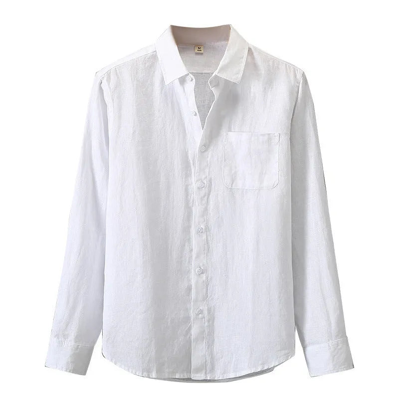 Linen long sleeve cardigan shirt in a loose Chinese style, shown in a solid colour.
