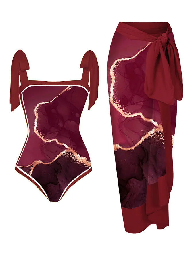 Women's printed floral swimsuit set with chiffon cover-up skirt