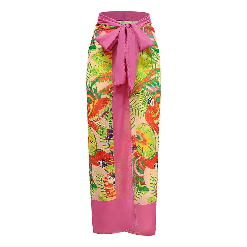 Pink floral print retro one-piece swimsuit with V-neck and thin skirt for women.