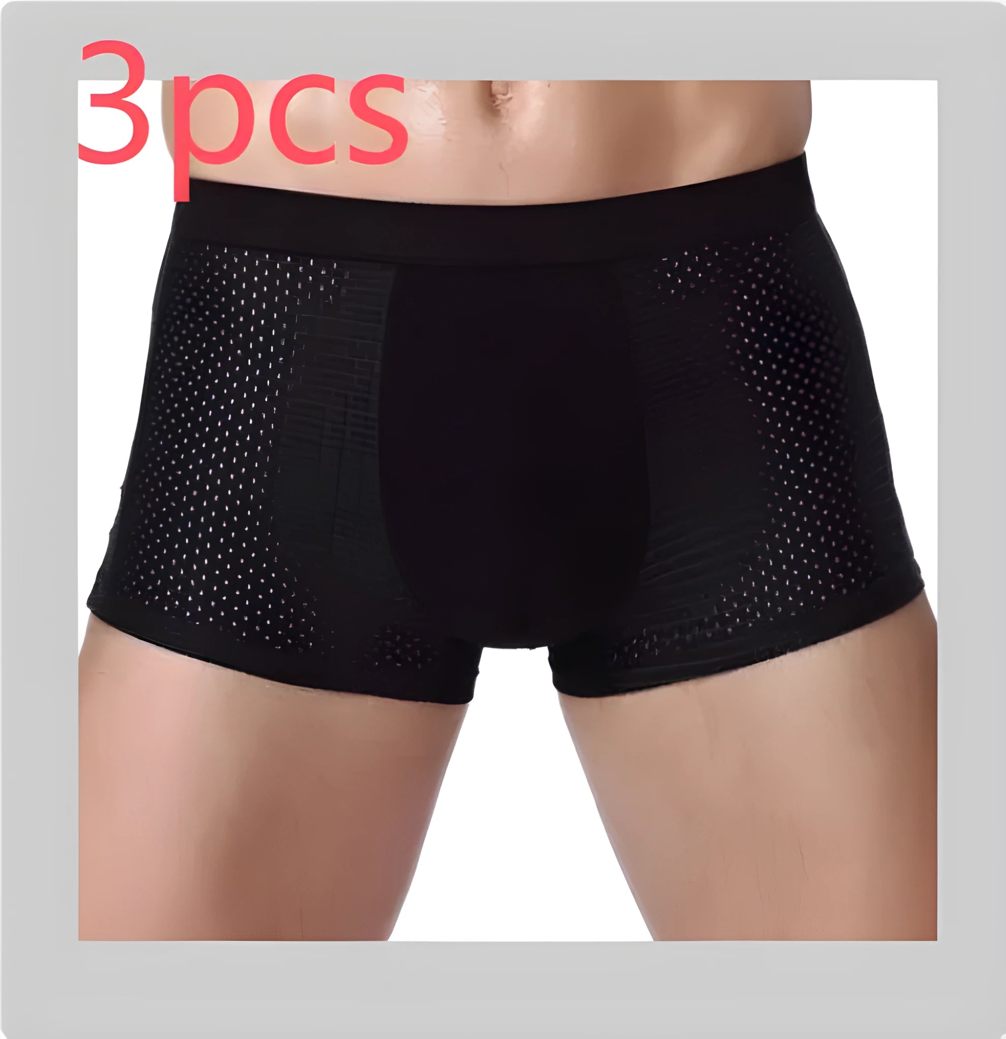 Men's solid colour ice silk modal boxer briefs with U-type convex design and mesh fabric.