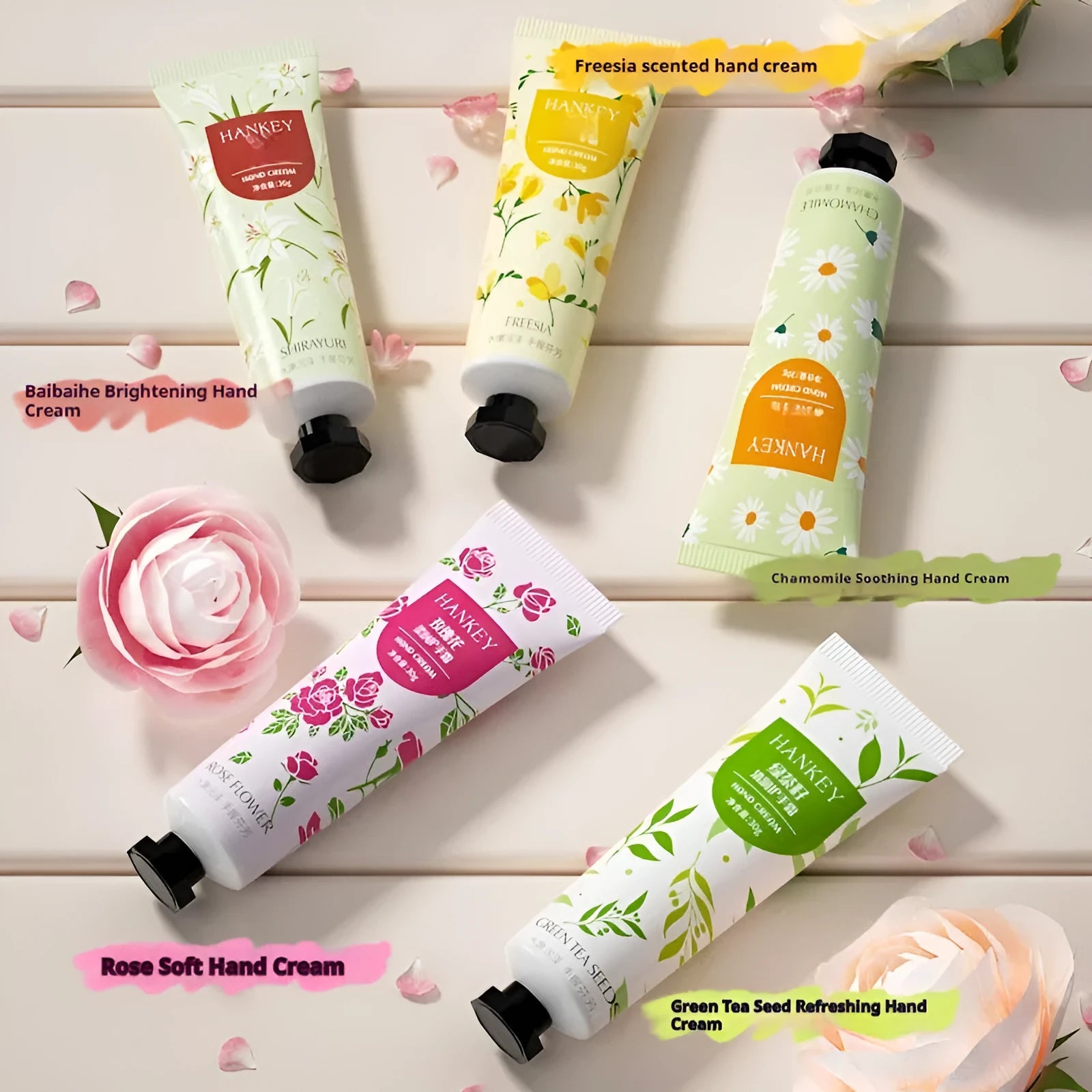 30g tube of fruit-based hand cream with eleven formula options including avocado and green tea