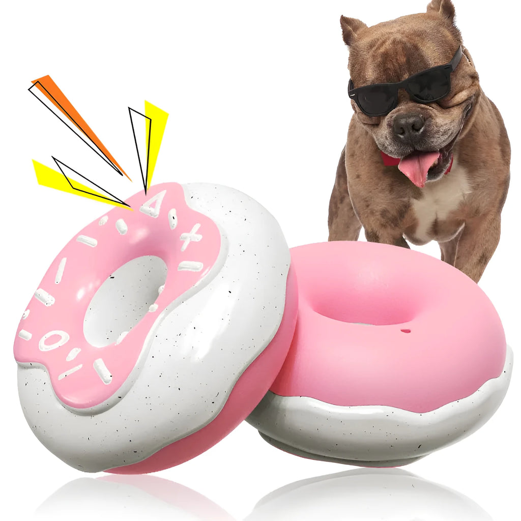 TPR molar teeth cleaning donut dog toy with squeaker in pink, chocolate, and yellow colour options