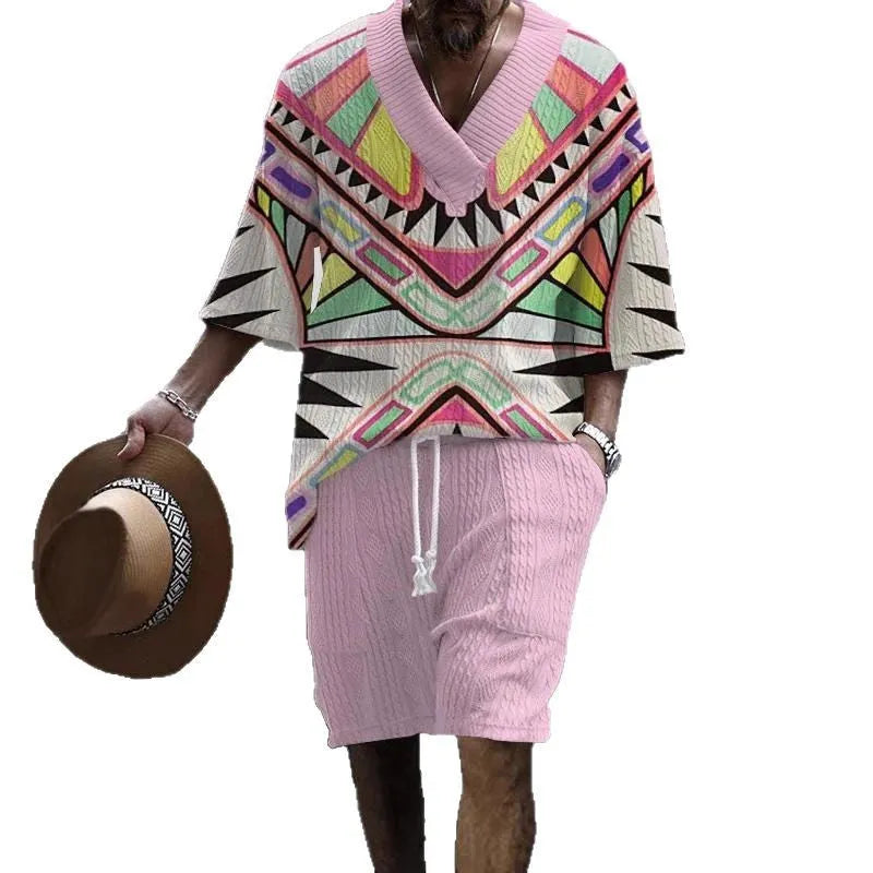 Men's loose casual short sleeve top and shorts suit separates set in polyester fabric