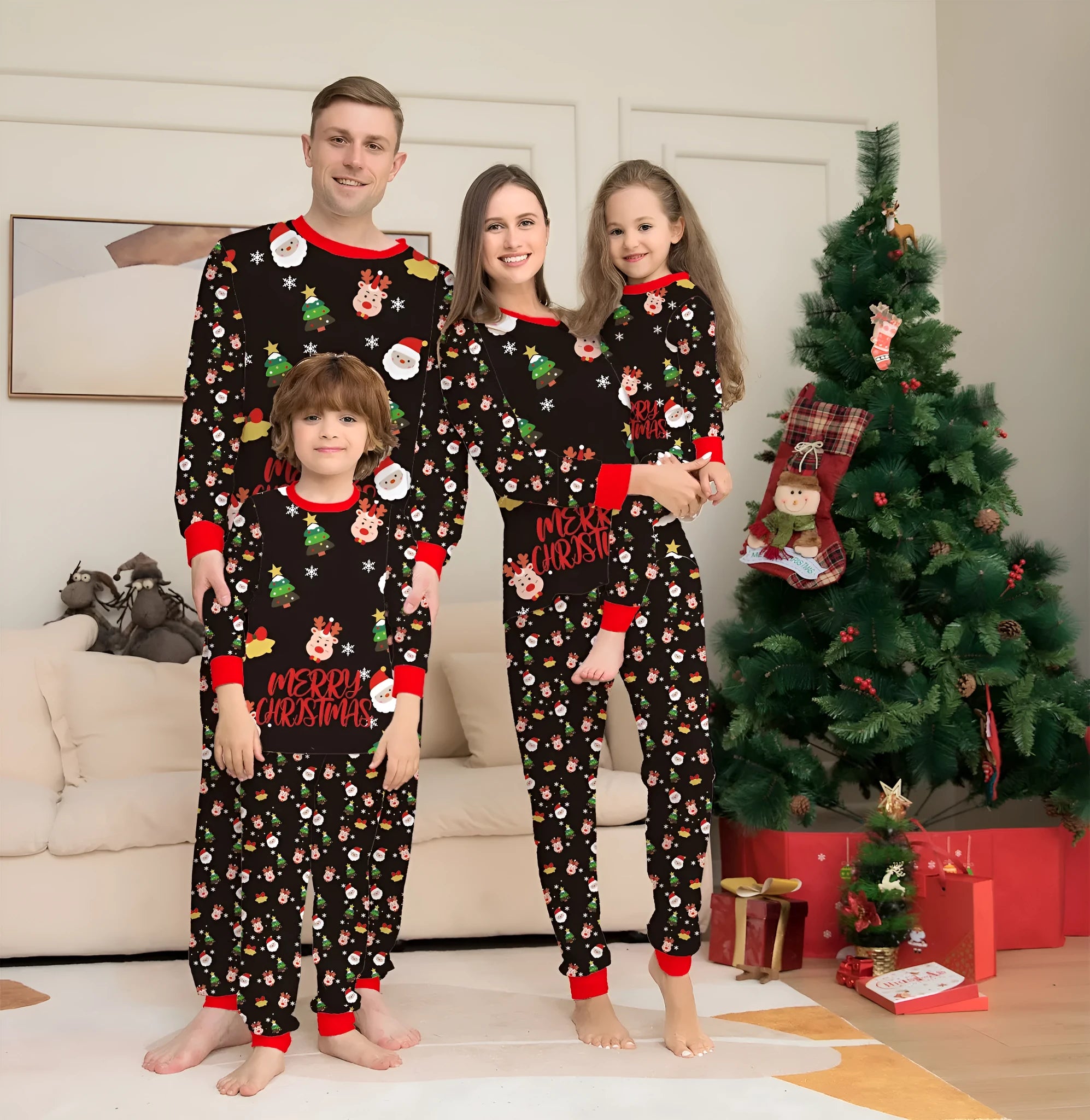 Family Christmas matching pyjamas set in cotton fabric with plaid and cartoon designs