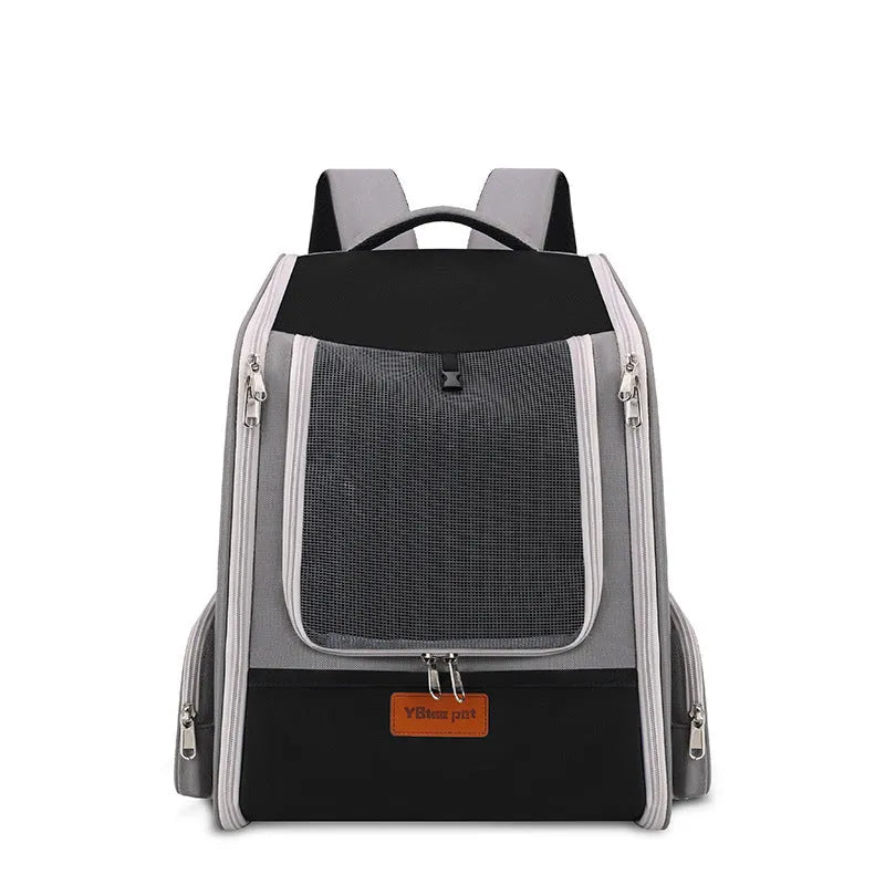 Portable pet carrier backpack with 18L expandable capacity in black nylon for cats and dogs