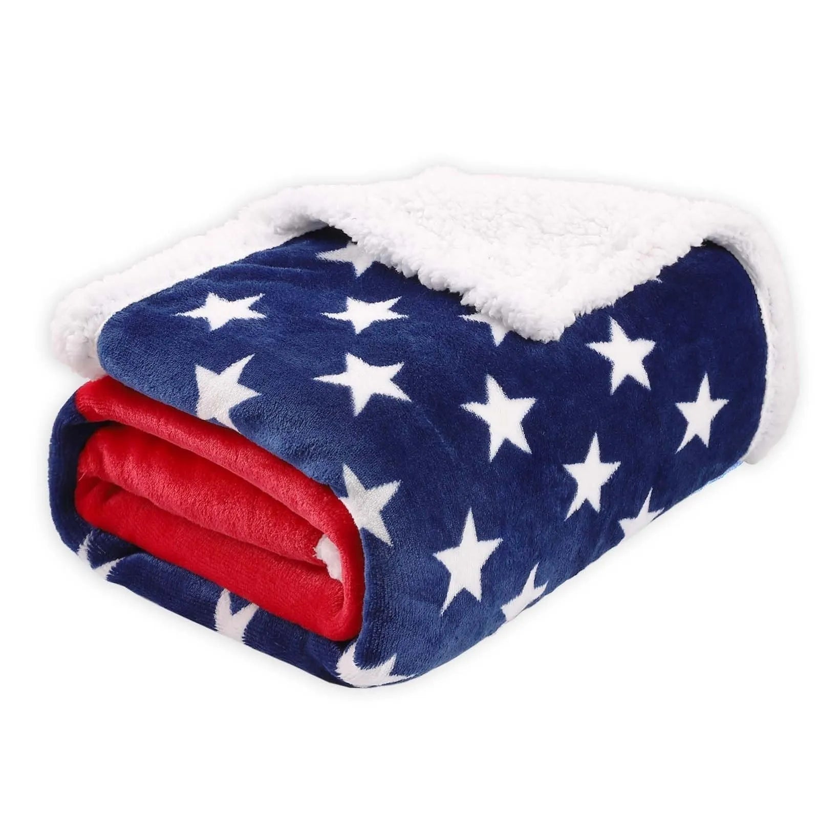 Lambswool blend polyester blanket with American stripe pattern showing three size options