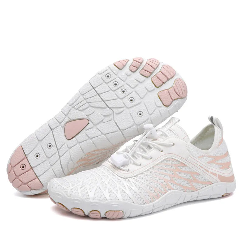 White lace-up casual sports shoes with a breathable inner and textured non-slip rubber outsole.