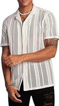 Man wearing a black jacquard knit short-sleeve cardigan shirt with button front.