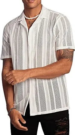 Man wearing a black jacquard knit short-sleeve cardigan shirt with button front.