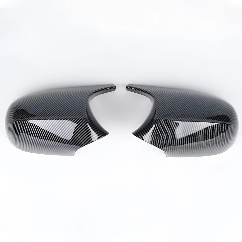 Pair of black and carbon pattern ABS plastic rearview mirror shells for BMW 3 Series E90.