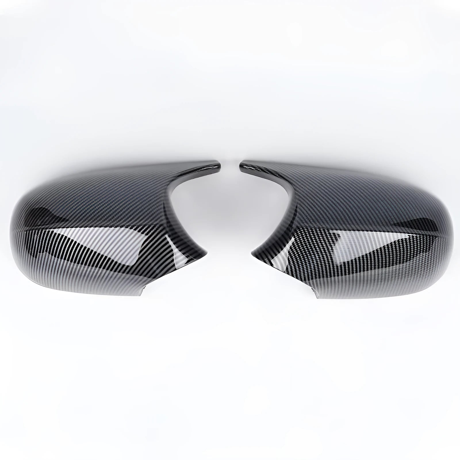 Pair of black and carbon pattern ABS plastic rearview mirror shells for BMW 3 Series E90.