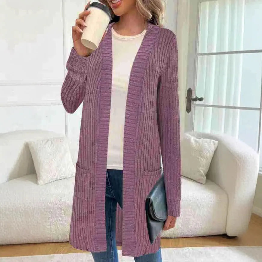 Long sleeve loose fit knitted cardigan jacket in black, grey, or wine red with pockets.