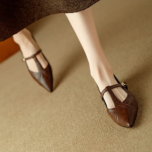 Women's brown pointed toe low-cut flat shoes in cowhide leather with metal details