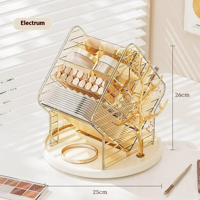 Rotating cosmetics storage box in clear and amber gold colours showing 360-degree rotation mechanism