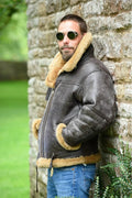 Men's brown retro synthetic leather winter fur coat with straight hem