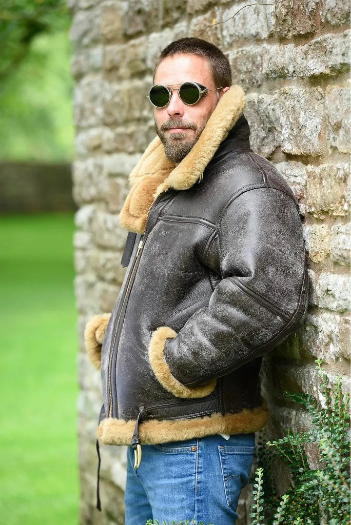 Men's brown retro synthetic leather winter fur coat with straight hem