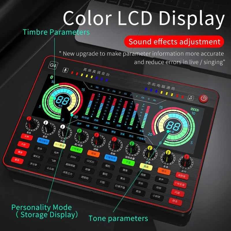 G4 professional sound card mixer with Q8 capacitor microphone, LCD screen, and tuning knobs for live streaming setup