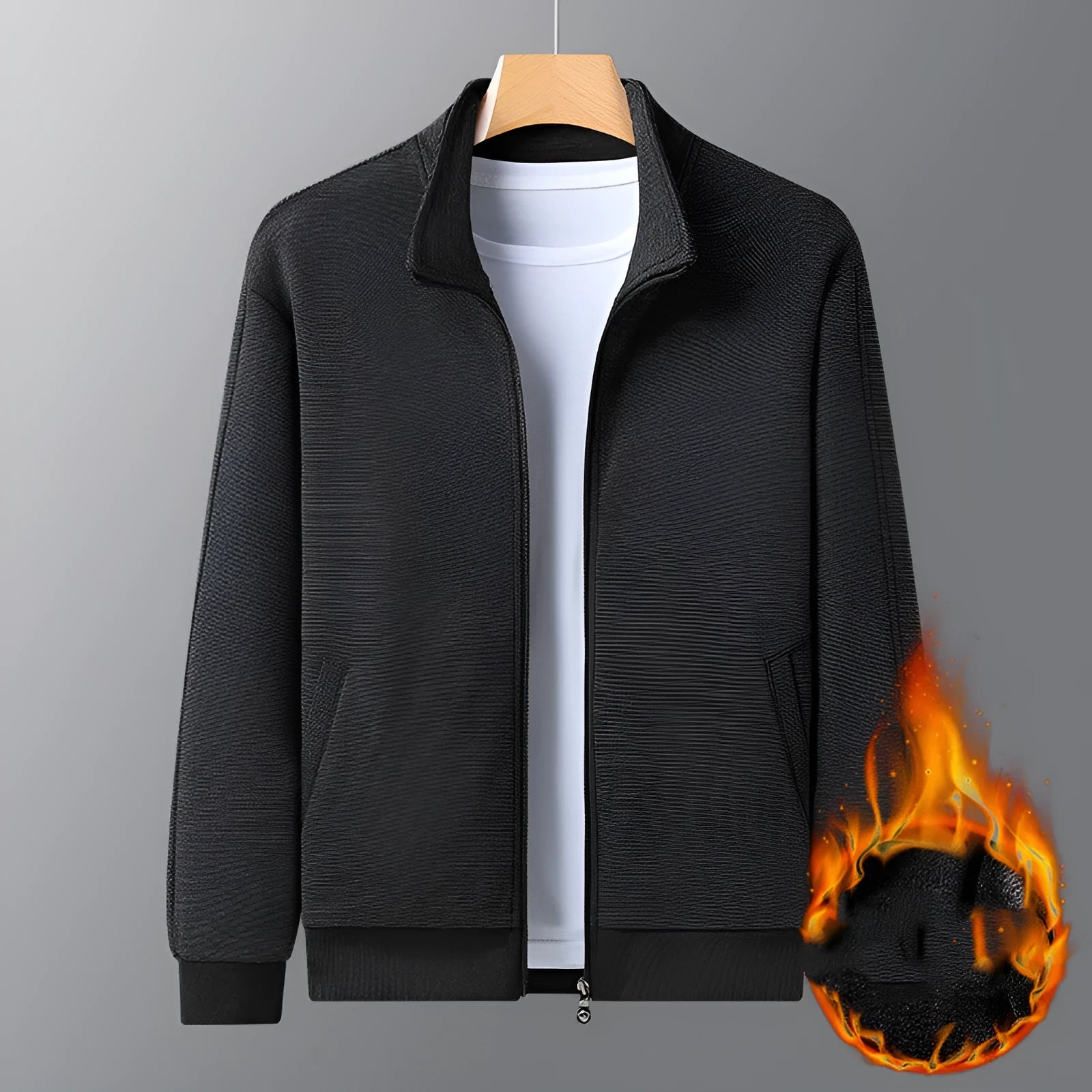 Men's black athletic jacket with a stand-up collar and front zip, showing a close-fitting cut