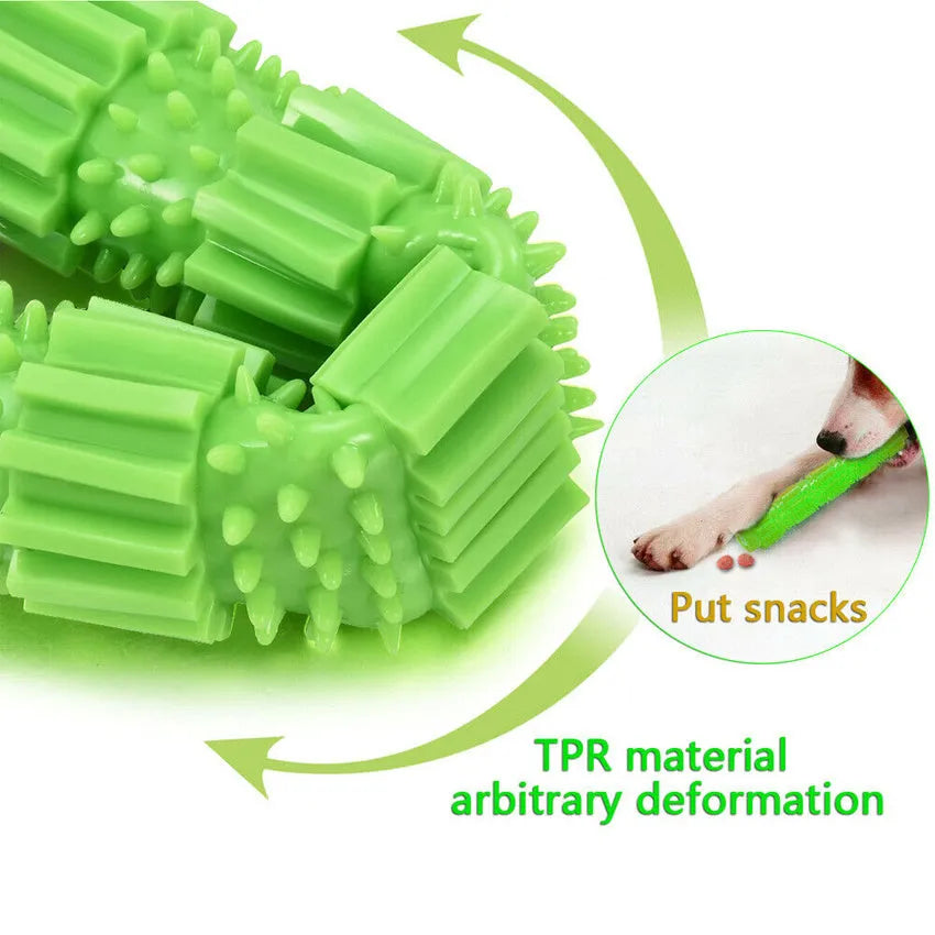 Green and orange durable rubber dog chew toy with textured surface for aggressive chewers.