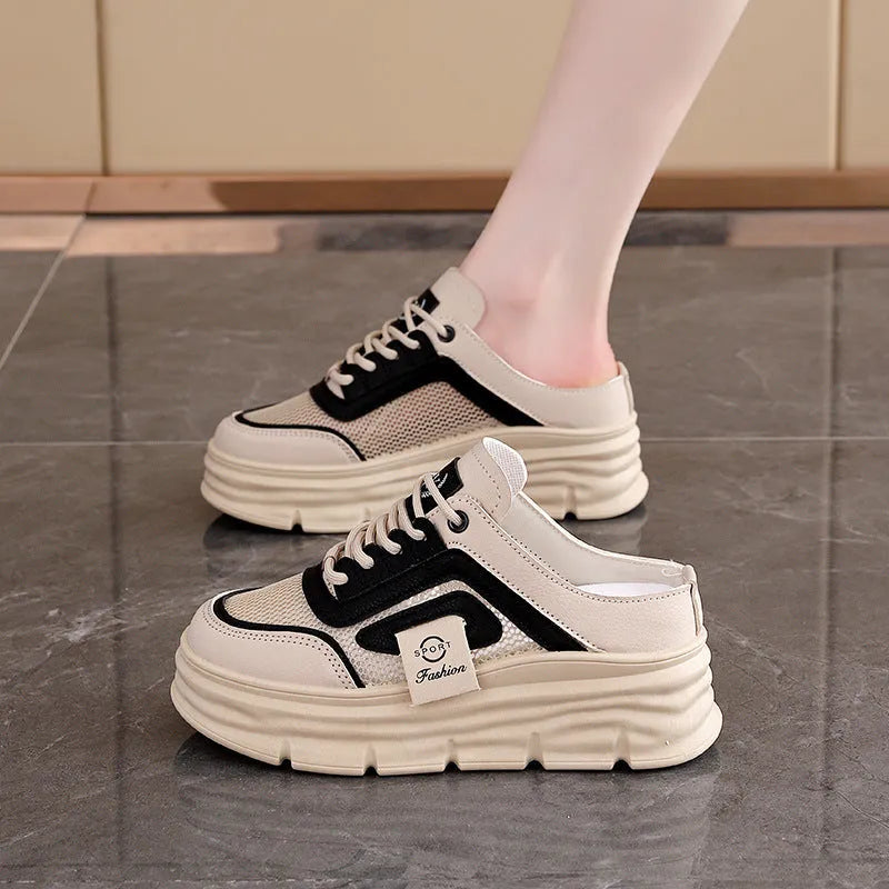 Women's black mesh half slippers with height-increasing insole and rubber sole