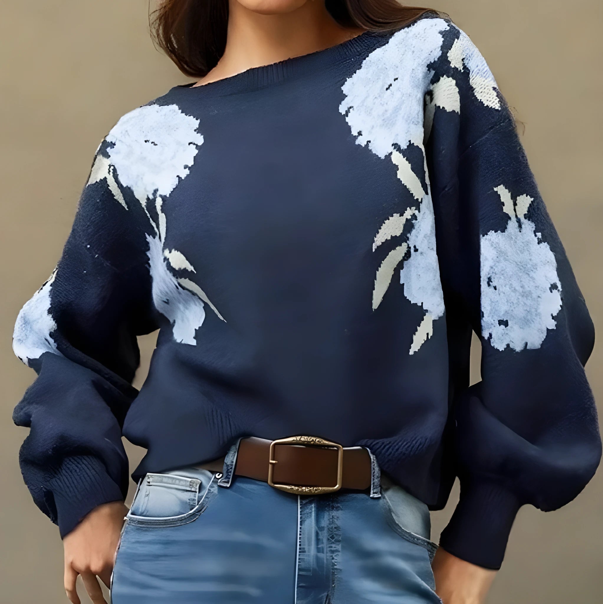 Sapphire blue women's pullover with floral jacquard pattern, loose street fashion fit