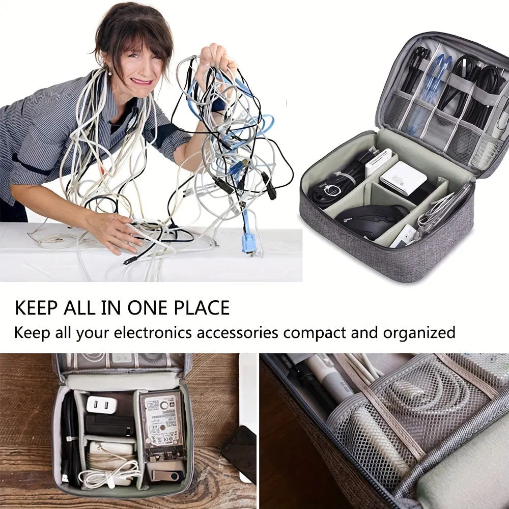 Black or grey waterproof travel cable organiser bag open to show mesh pockets and removable padded dividers