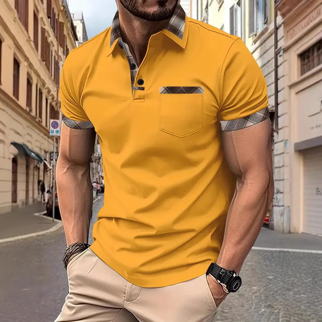Men's plaid colourblock t-shirt with zipper decorations in loose fit polyester fabric