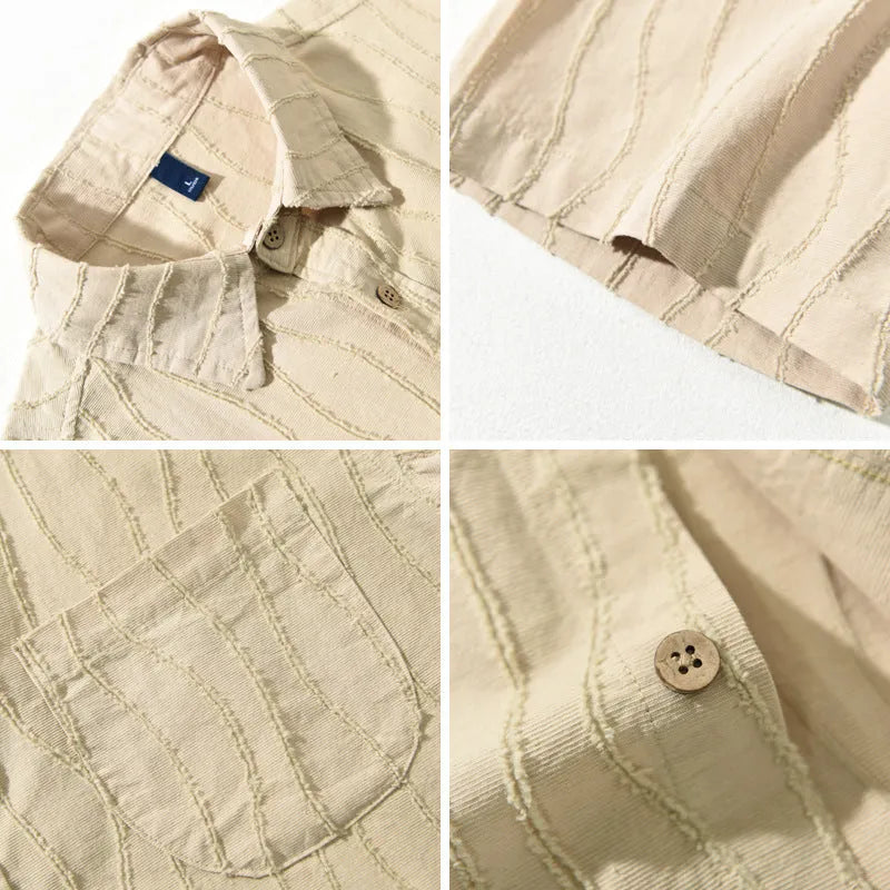 Men's pure cotton short sleeve casual shirt in loose fit Japanese style, apricot colour