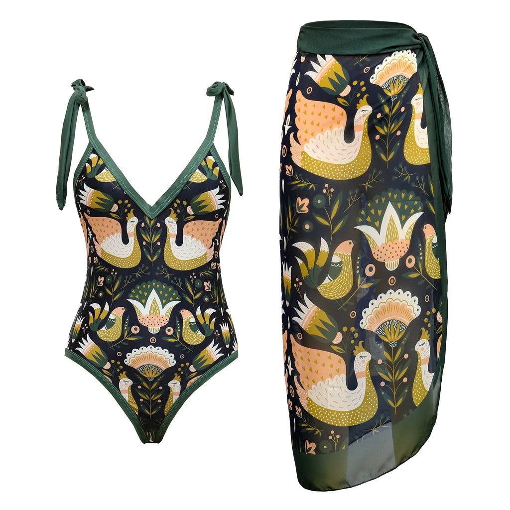 Solid colour women's one-piece swimsuit with spaghetti straps and an attached skirt.
