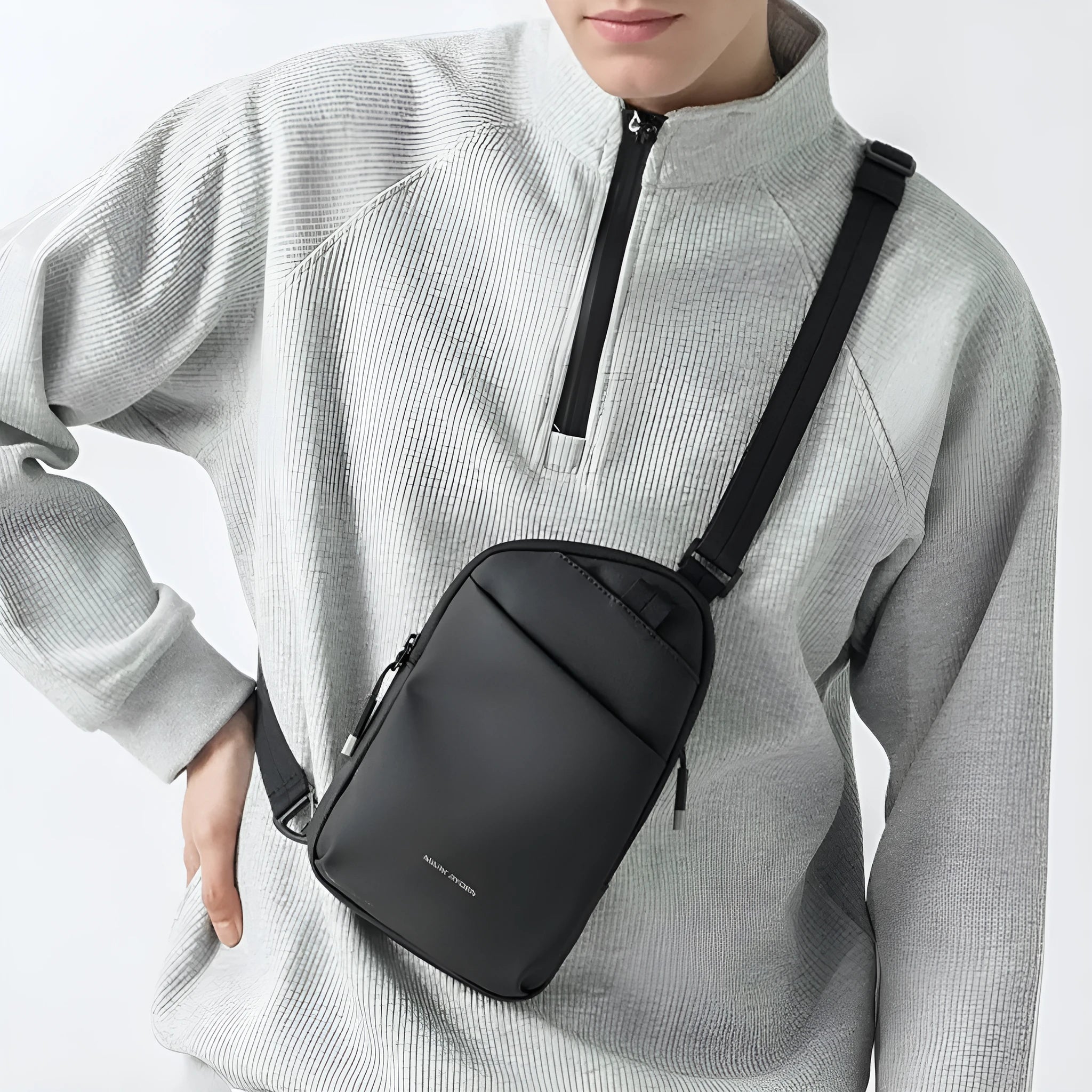 Men's black Oxford cloth crossbody bag with visible stitching detail