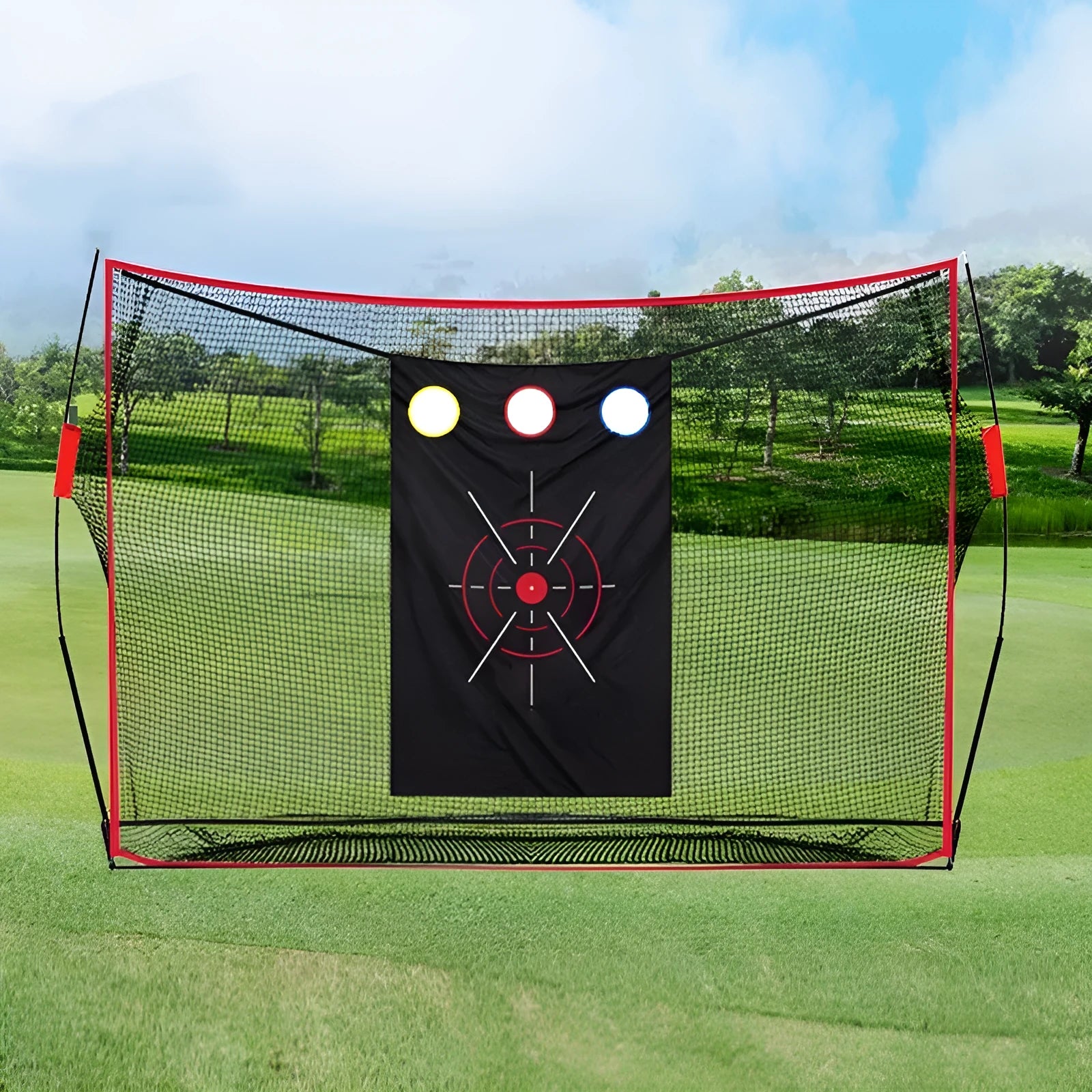 Golf wedge training net with 3-hole design on straw mat with practice balls and accessories