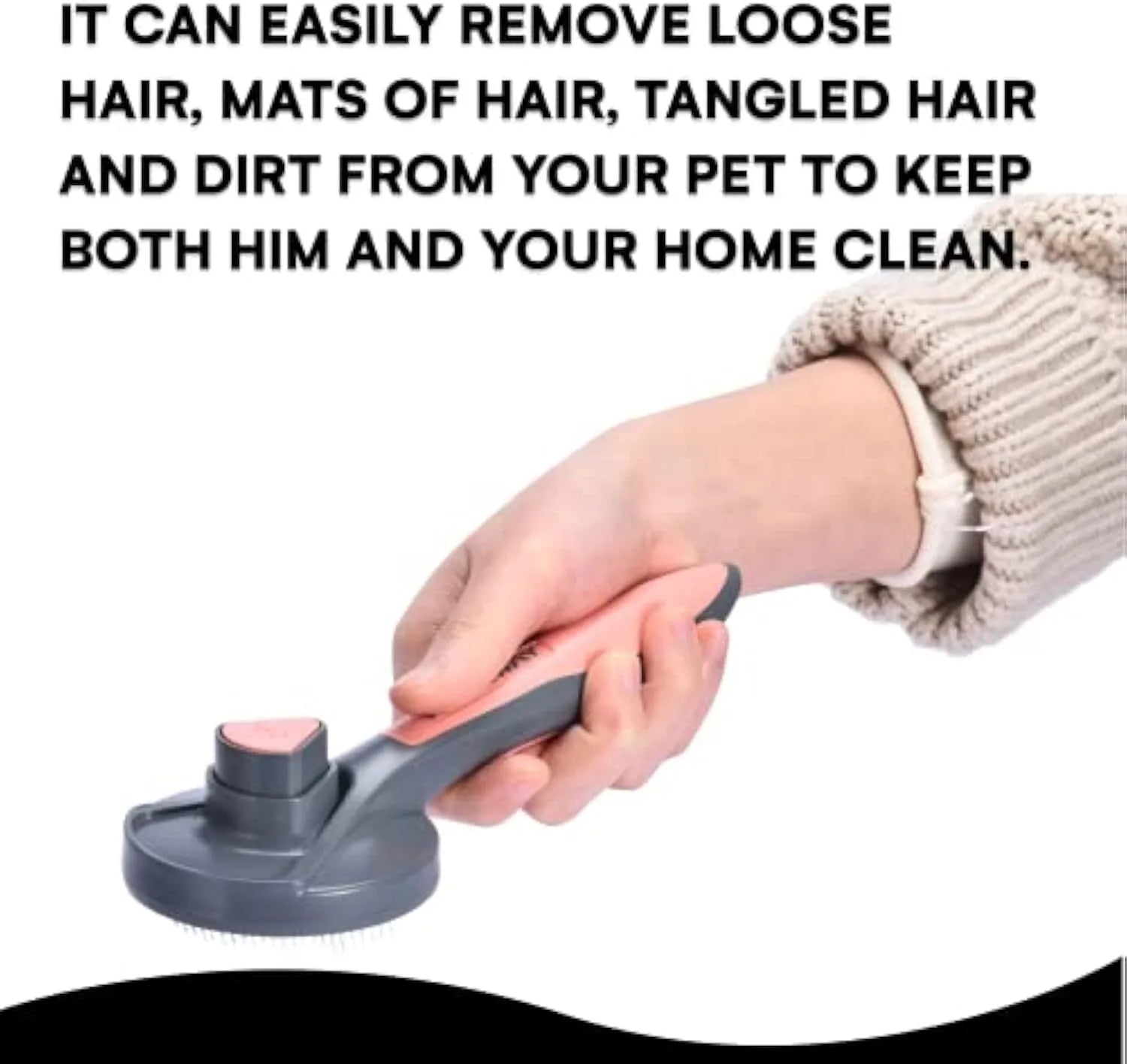Gray self-cleaning slicker brush for pet grooming with one-click cleaning button on handle