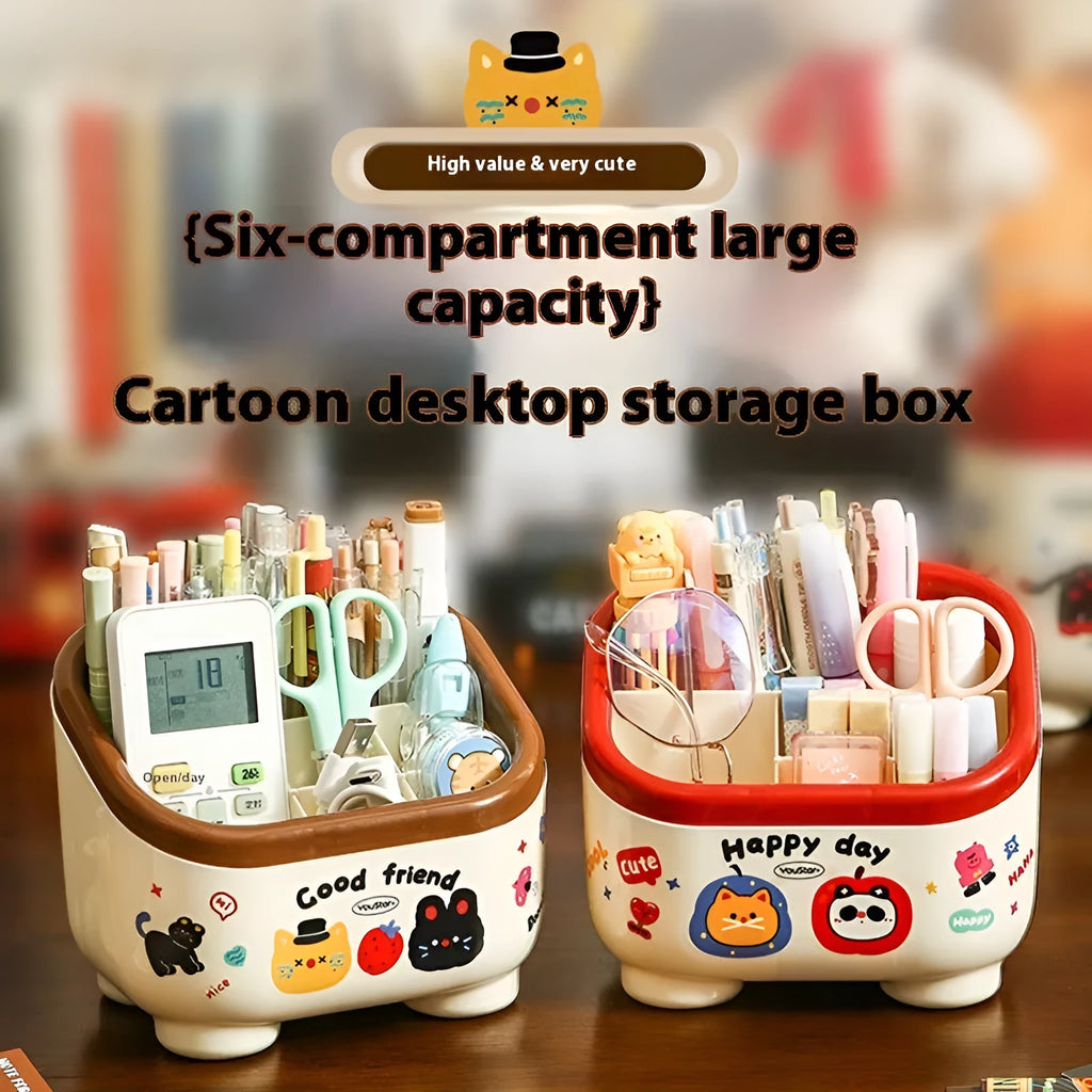 Cartoon design plastic desktop organiser with storage box, pen container, tissue box and coin bank accessories in red and brown colours