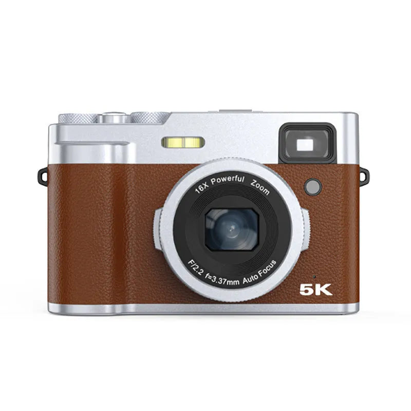 Black 5K digital camera with optical viewfinder and dual lenses on front and rear
