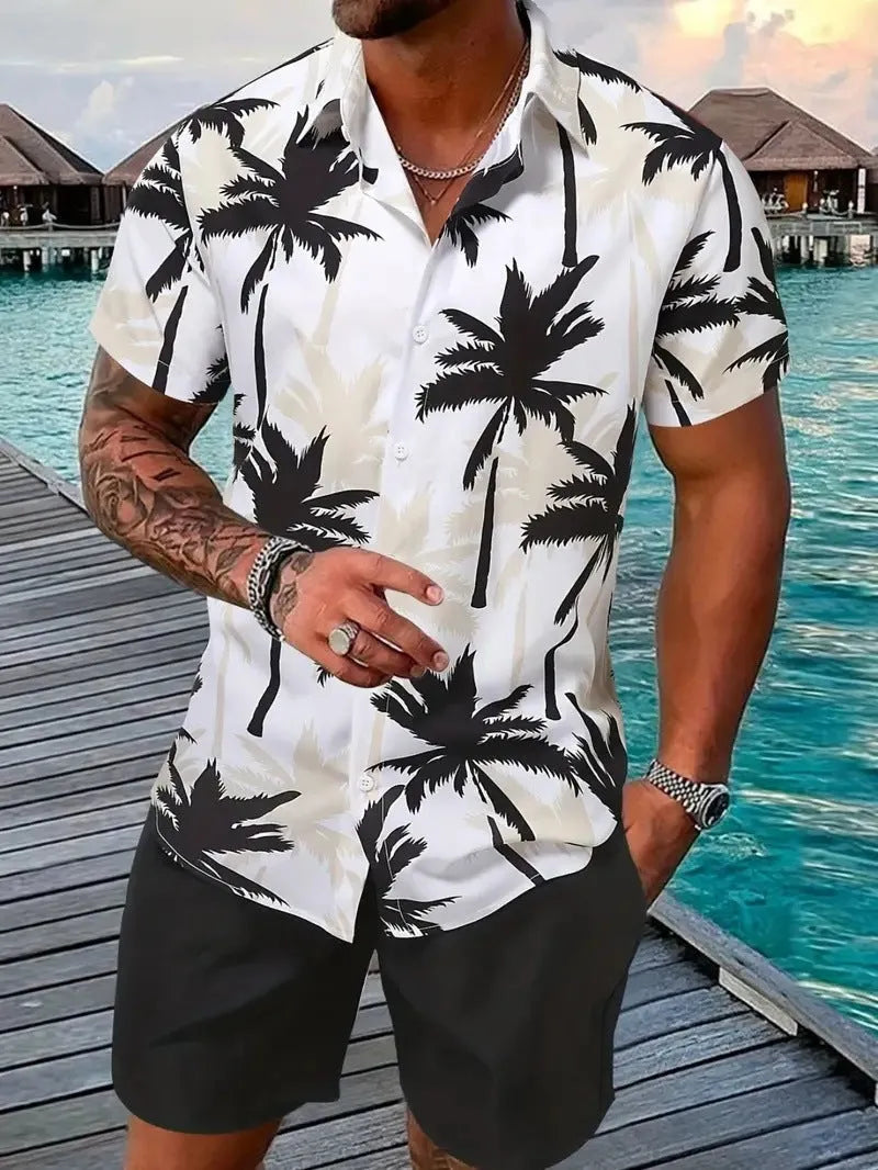 Man wearing a blue Hawaiian 3D printed short sleeve top and matching shorts leisure suit set.