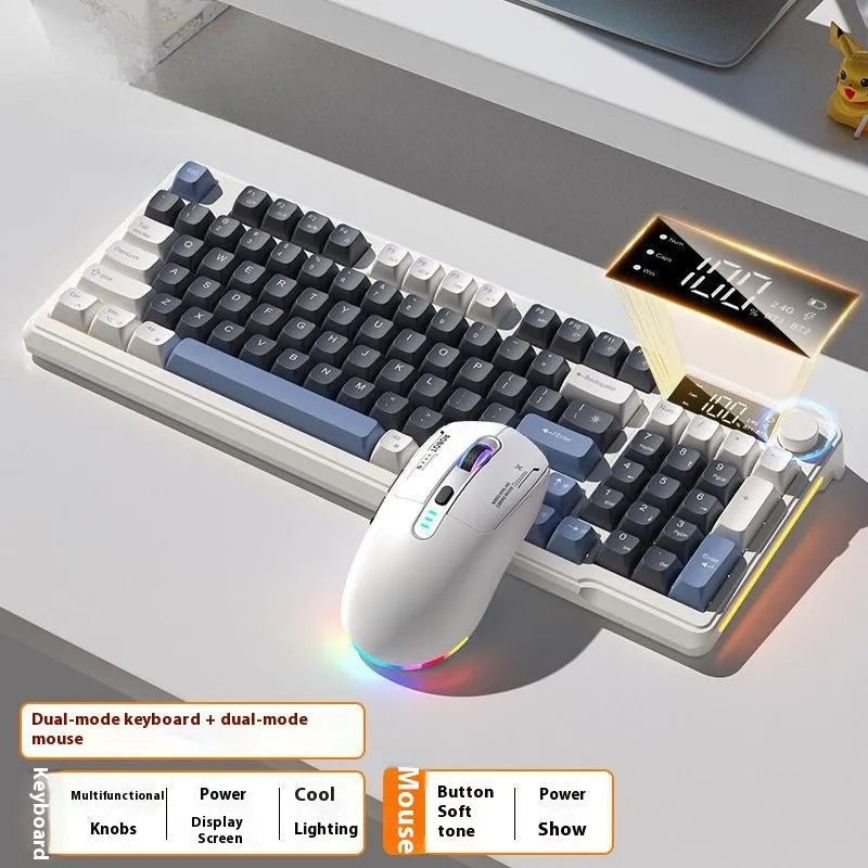 Blue and white wireless mechanical keyboard and mouse set on a desk, showing Type-C cable.