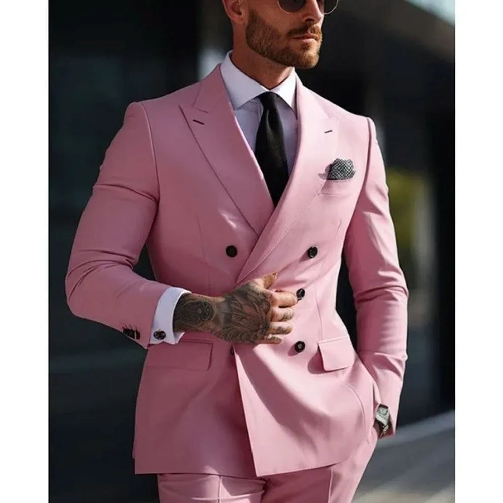 Korean style slim fit men's two-piece suit in a cotton blend fabric for business and banquet wear.