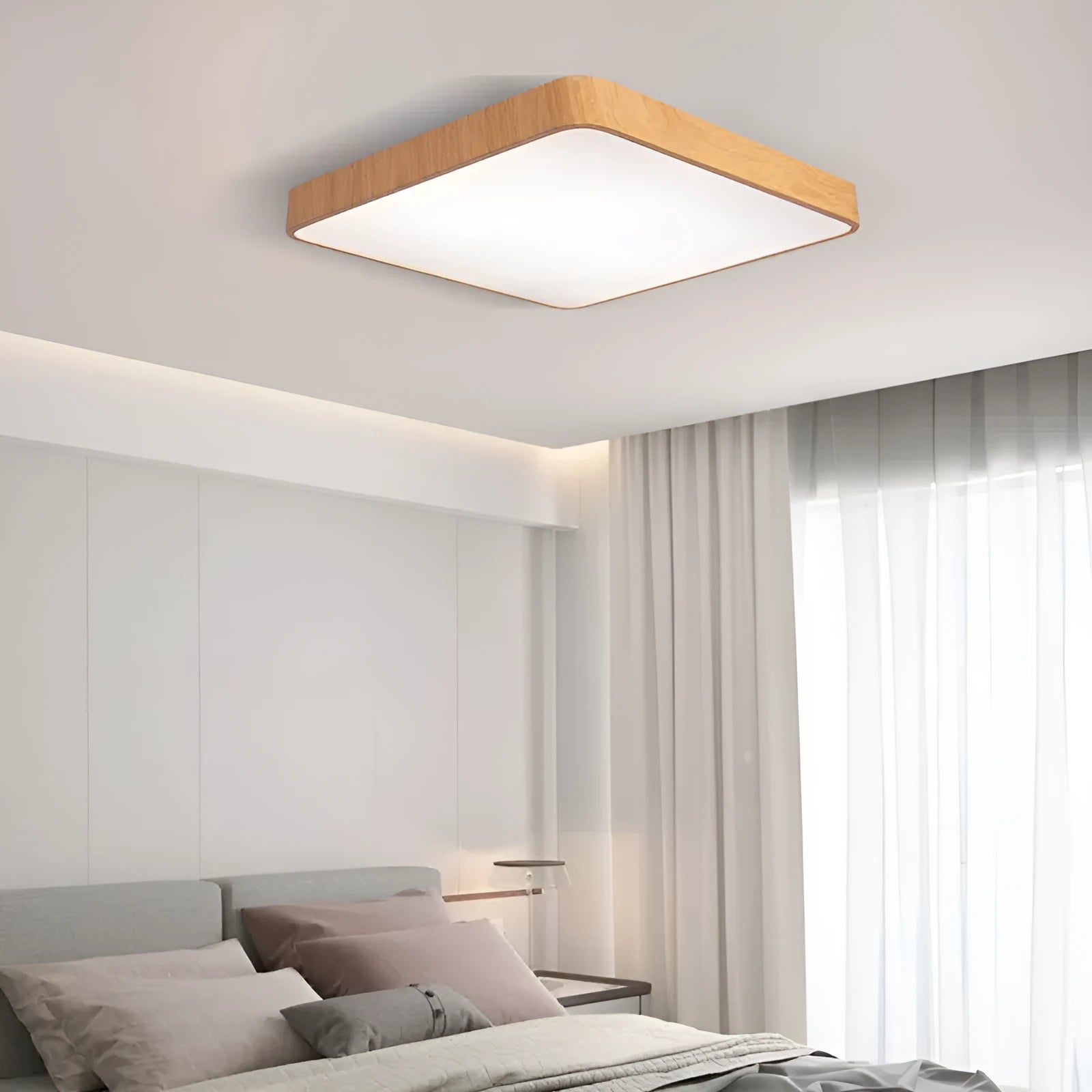 Square Nordic LED ceiling light with white wood grain finish shown in three size options