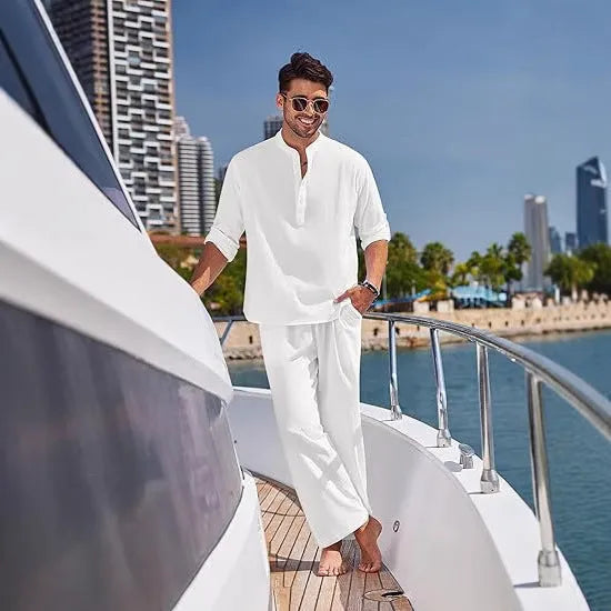 Men's casual cotton suit in a solid colour, featuring a long-sleeve top and trousers.