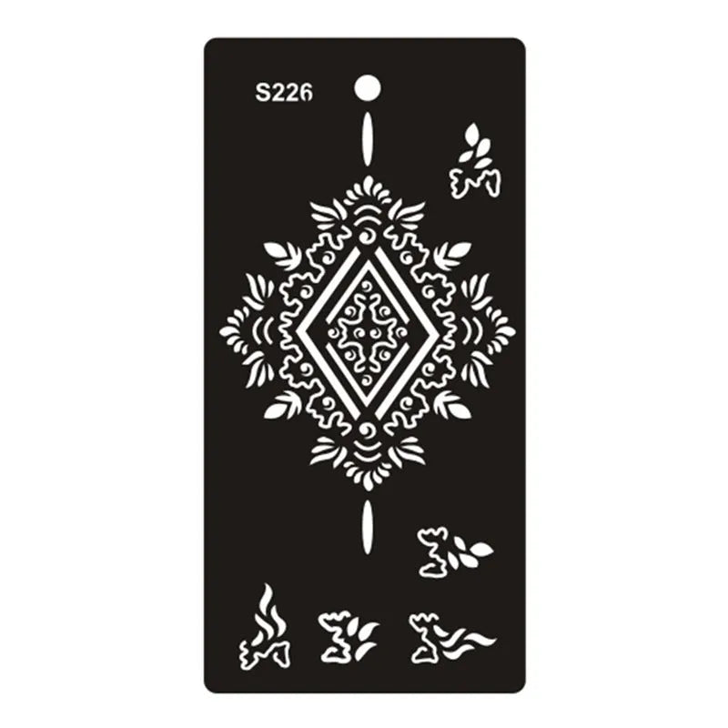 Sheet of hollow geometric and Southeast Asian style temporary tattoo templates on water transfer paper.
