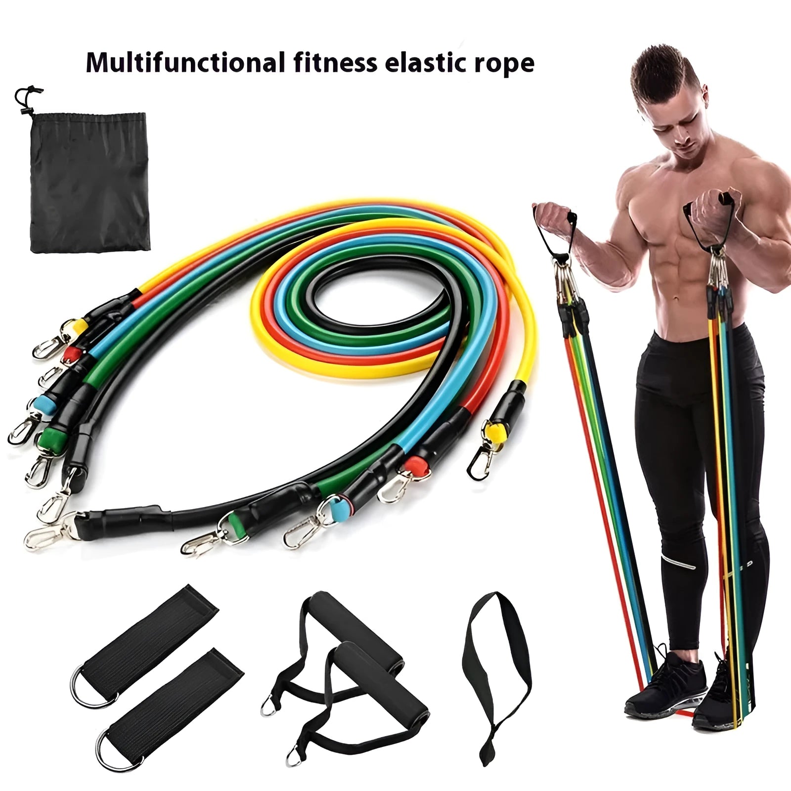 Multi-functional door sports 11-piece set with pulling rope packed in an ABS container.