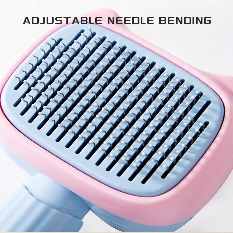 Blue and green double-sided pet grooming brush with deshedding rake and dematting comb on a white background