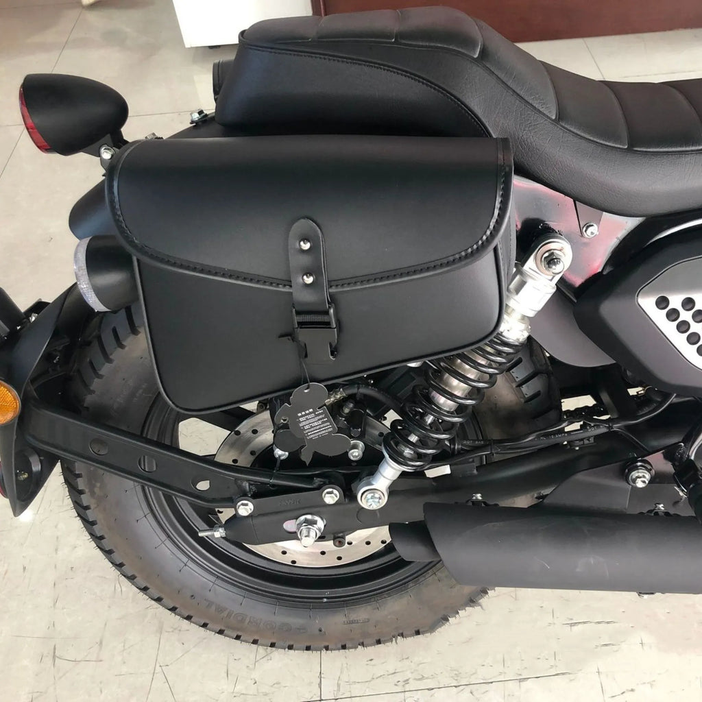 Black PU leather motorcycle swingarm saddlebag mounted on Harley Sportster with dimensions 30x24x20cm