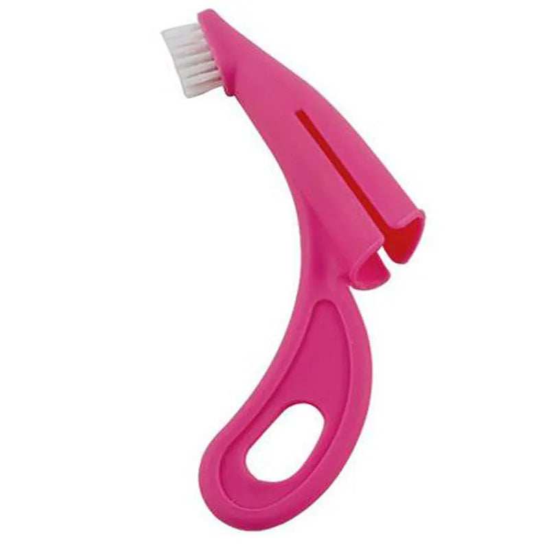 Red and white pet finger toothbrushes with silicone bristles for dog and cat dental cleaning.