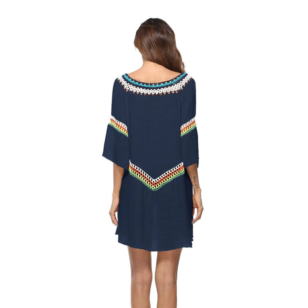 Crocheted acrylic beach cover-up in ethnic style for swimming and sun protection