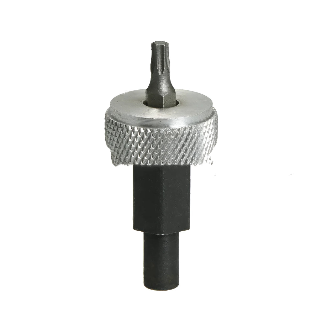 Close-up of an ignition module wrench tool with aluminium knurled knobs on a carbon steel handle.