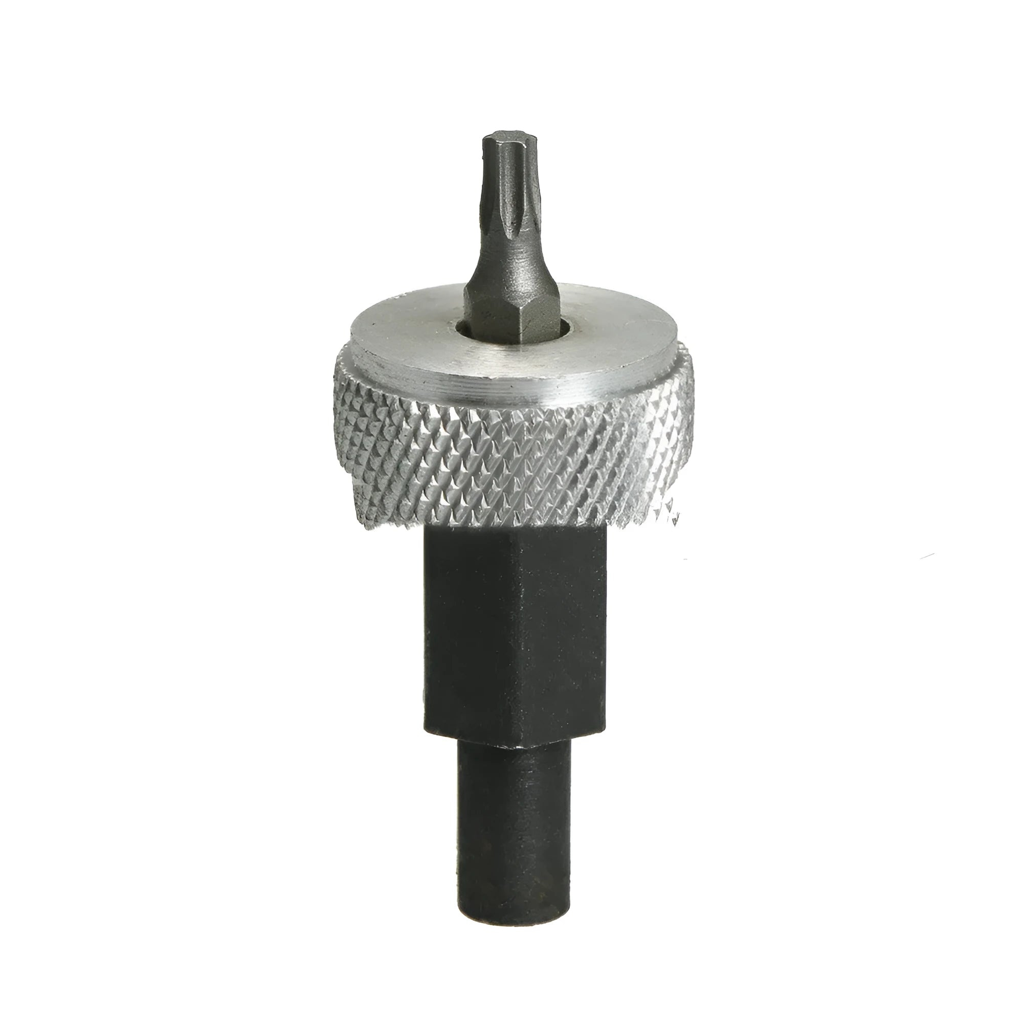 Close-up of an ignition module wrench tool with aluminium knurled knobs on a carbon steel handle.