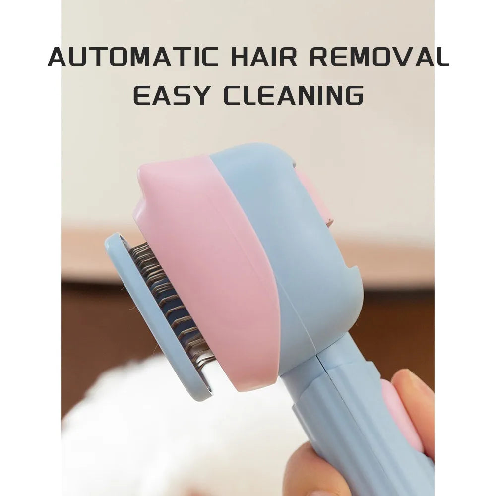Blue and green double-sided pet grooming brush with deshedding rake and dematting comb on a white background