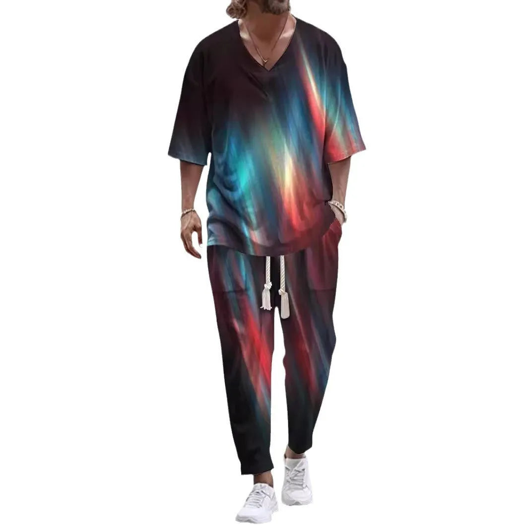 Cropped sleeve V-neck trousers suit set in thin polyester fabric on a hanger.