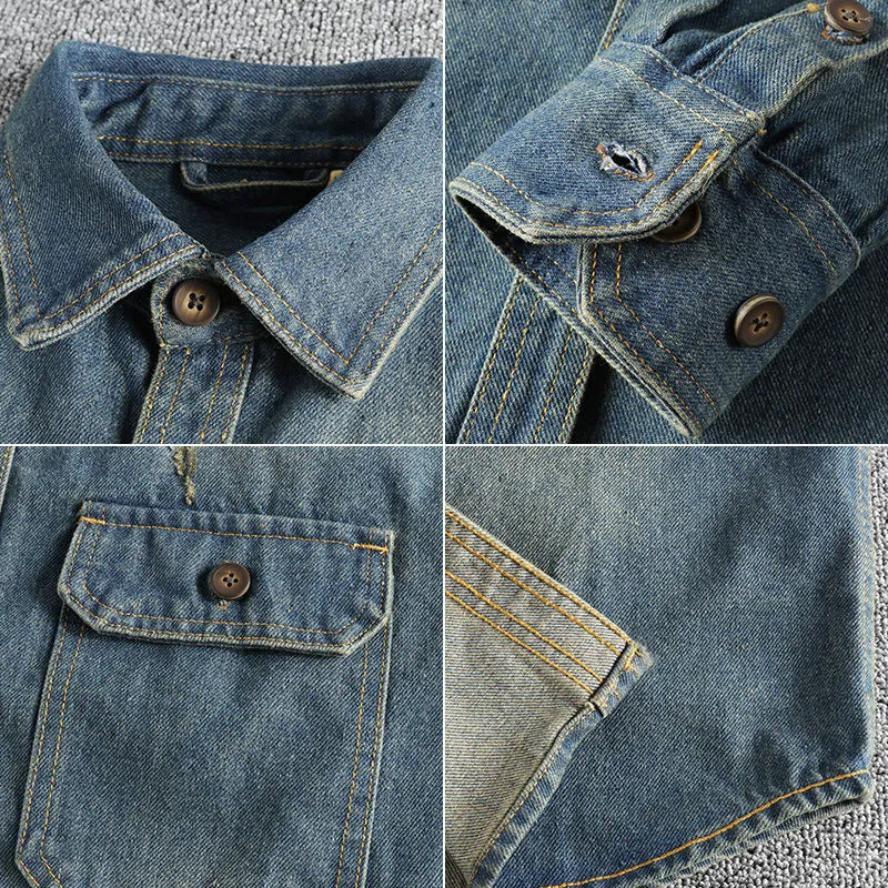 Men's light blue washed vintage denim shirt in loose fit cardigan style with long sleeves
